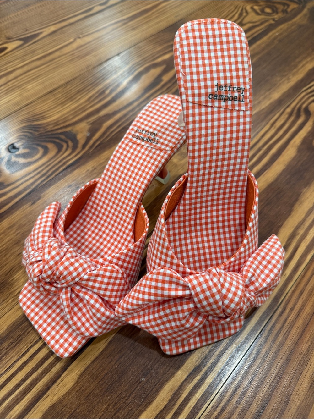 Jeffrey Campbell Orange Gingham Knot Slide Mules